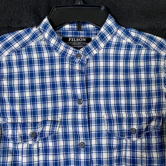 C.C Filson Mens Shirt Blue White Plaid Long Sleeve Button Down 100% Cotton XS - Picture 2 of 13